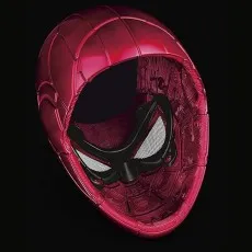 A product shot showing the interior of a glossy red Iron Spider electronic helmet, highlighting the detailed inner workings