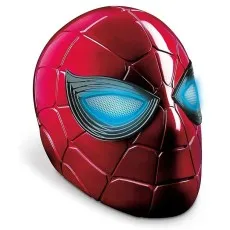 A Spider-Man mask with its eyes illuminated in a light blue color.