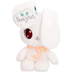 A stuffed white rabbit with large, embroidered red eyes, pink nose, and a tag that says Peekapets.