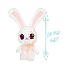 A plush white bunny with big pink eyes, long ears, and a peach bow, showing a height of 30 cm (11.8 inches).