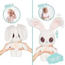 This image shows how to make a plush bunny's ears pop up by squeezing its tummy. A baby is laughing in the background.
