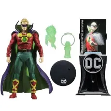 An Alan Scott Green Lantern action figure is shown with a display stand and accessories