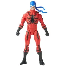 A full-body image of a red and black action figure with a blue mask and mustach