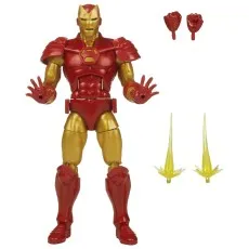 A gold and red Iron Man action figure with alternate hands and yellow energy blasts