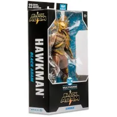 A Hawkman action figure in its box, standing on a white surface, with Black Adam and DC Multiverse visible.