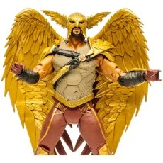 A collectible figurine of Hawkman in his classic winged armor, with a stern expression, on a white background.