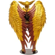 The back of a Hawkman action figure, showcasing his large, folded golden and red wings.