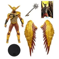 A photo showing a Hawkman toy and its parts, including detachable wings, a mace, and a collector card.