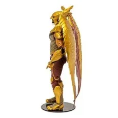 This is a profile shot of a detailed Hawkman figurine on a stand, showing off his intricate golden armor.