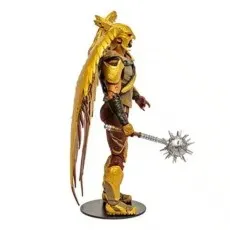 This is a profile shot of a detailed Hawkman figurine with a winged helmet, holding a spiked mace.