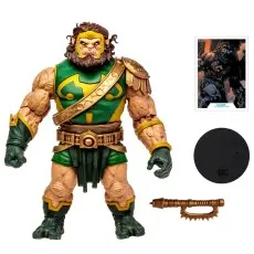 A full view of a Kalibak figurine with a staff, an axe, a stand, and a trading card.