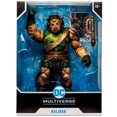 A McFarlane Toys Kalibak figurine with an axe and a staff is displayed.
