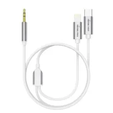 A white Y-shaped audio cable with a 3.5mm jack, a Lightning, and a USB-C connector.