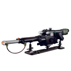 A side view of the Ghostbusters Neutrona Wand collectible with a danger label.