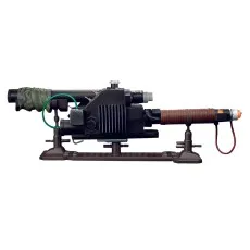 The Ghostbusters wand is shown on its stand, highlighting the details of the prop.