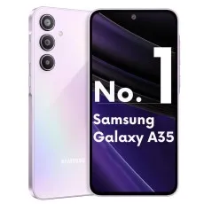 The front and back of a lavender Samsung Galaxy A35 smartphone are shown.