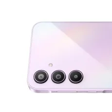 A light purple Samsung Galaxy A35 phone, viewed from the back. The three camera lenses are visible.