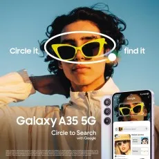 A man wearing yellow sunglasses, with a phone demonstrating Circle to Search with Google.