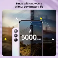A purple Samsung phone is shown to have a 2-day battery life.
