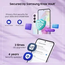 An ad shows a Samsung Galaxy A35 with graphics for privacy features and software updates.