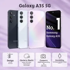 Four Samsung Galaxy A35 phones in black, white, and purple, highlighting key features like design, camera, and durability.