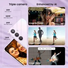 The image highlights the phone's triple camera setup and AI-powered editing tools.