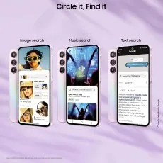 Three phones are shown side-by-side, each demonstrating a different way to use the Circle to Search with Google feature.