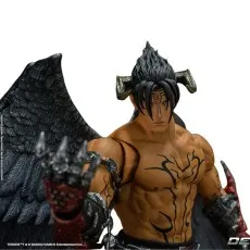 A close-up portrait of the Devil Jin figure from Tekken, highlighting his tattoos and headpiece.