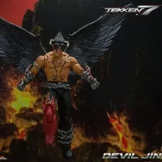 The Devil Jin figure from Tekken 7 is shown floating with his wings fully extended in a dynamic pose.