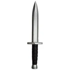 A small, stylized silver dagger with a pointed blade and black handle.