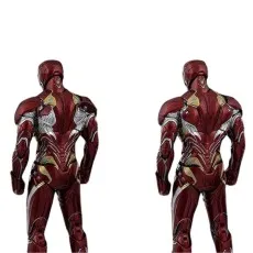 A back view of two Iron Man Mark 50 action figures, showcasing the intricate details of the red and gold armor.