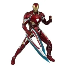 A dynamic shot of the Iron Man Mark 50 action figure in a crouch, with a large, blue energy blade deployed from his arm.