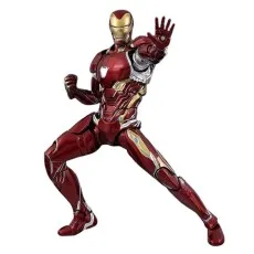 A dynamic shot of the Iron Man Mark 50 action figure in a fighting stance with one hand raised, ready to fire a repulsor blast.