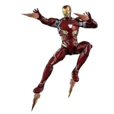A dynamic, full-body shot of the Iron Man Mark 50 action figure in a crouching flight pose with fiery propulsion.