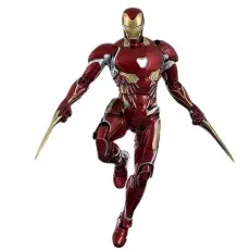 A dynamic, full-body shot of the Iron Man Mark 50 action figure in a mid-air pose with golden blades extended.