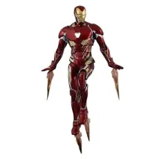 A dynamic, full-body shot of the Iron Man Mark 50 action figure in a mid-flight pose with golden repulsor blasts.