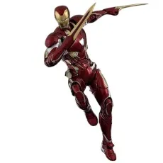 The Iron Man Mark 50 action figure in a dynamic pose, with both hands holding extended golden blades.