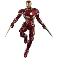 A dynamic, full-body shot of the Iron Man Mark 50 armor in a mid-air pose, wielding two golden blades.