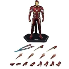 The Iron Man Mark 50 action figure on a display stand, with various interchangeable hands and bladed accessories..