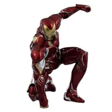 The Iron Man Mark L action figure is captured in a dynamic crouching pose, ready for combat.