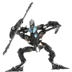 A dynamic, full-body shot of the Transformers action figure The Fallen in a wide stance, holding a staff.