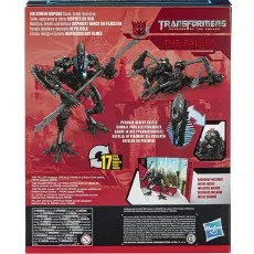 The back of The Fallen Transformers Studio Series box, showing the robot and alternate mode, plus features.