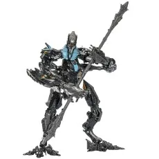 The Fallen action figure from the Transformers franchise is shown in a menacing pose with a long spear.
