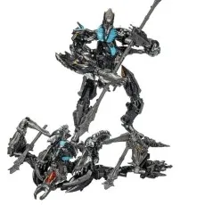 Two forms of the Transformers character The Fallen, with the robot mode standing over its alternate spider-like mode.