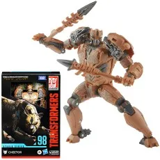 A Transformers Studio Series 98 Cheetor action figure posed with two spears next to its packaging box.