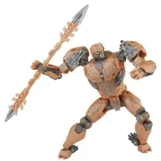 A full-body shot of the Transformers Studio Series Cheetor action figure in a dynamic pose, holding a spear.