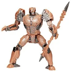 A full-body shot of the Transformers Studio Series Cheetor action figure in its robot form, holding a spear