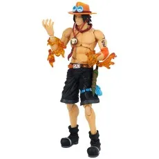A full-body shot of a Portgas D. Ace action figure from One Piece, standing with a flaming hand.