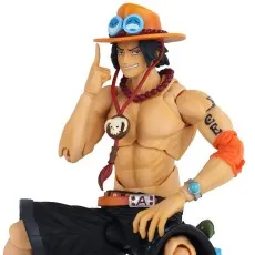 A close-up of a Portgas D. Ace figure, showing the articulated joints, tattoos, and a winking face.