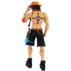 A rear view of a Portgas D. Ace figure with his hand on his hat, showing his back tattoo.
